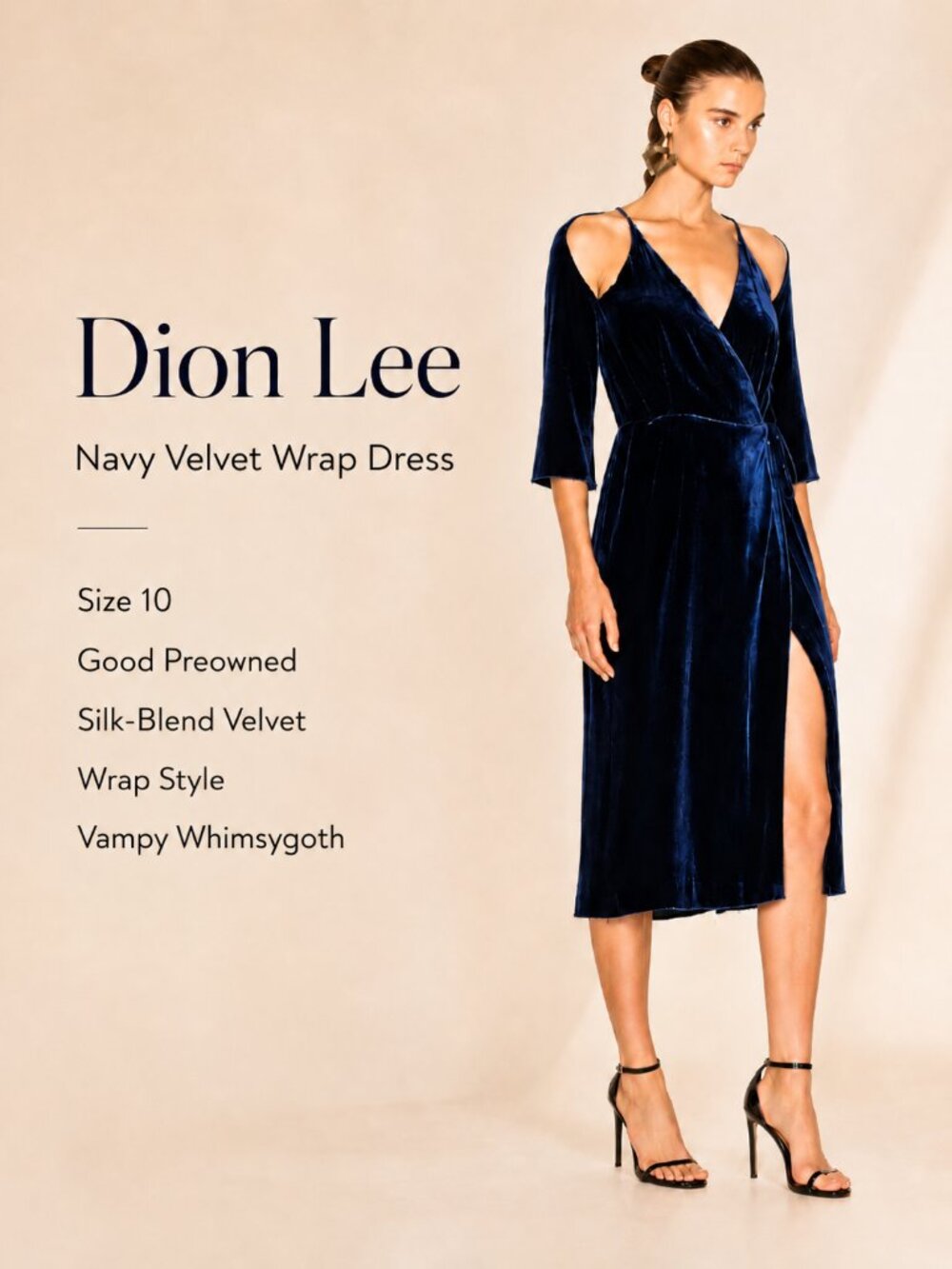 Dion Lee Elegant Navy Silk Velvet Cold Shoulder 3/4 Sleeve Midi‎ Wrap Dress 10